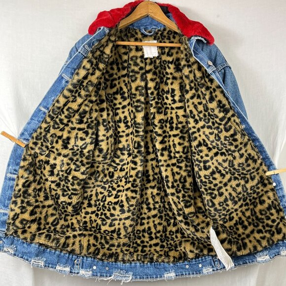Zara TRF Denim Wear Distressed Long Jacket Womens Small S Slouchy Punk Faux Fur‎ - Picture 10 of 16